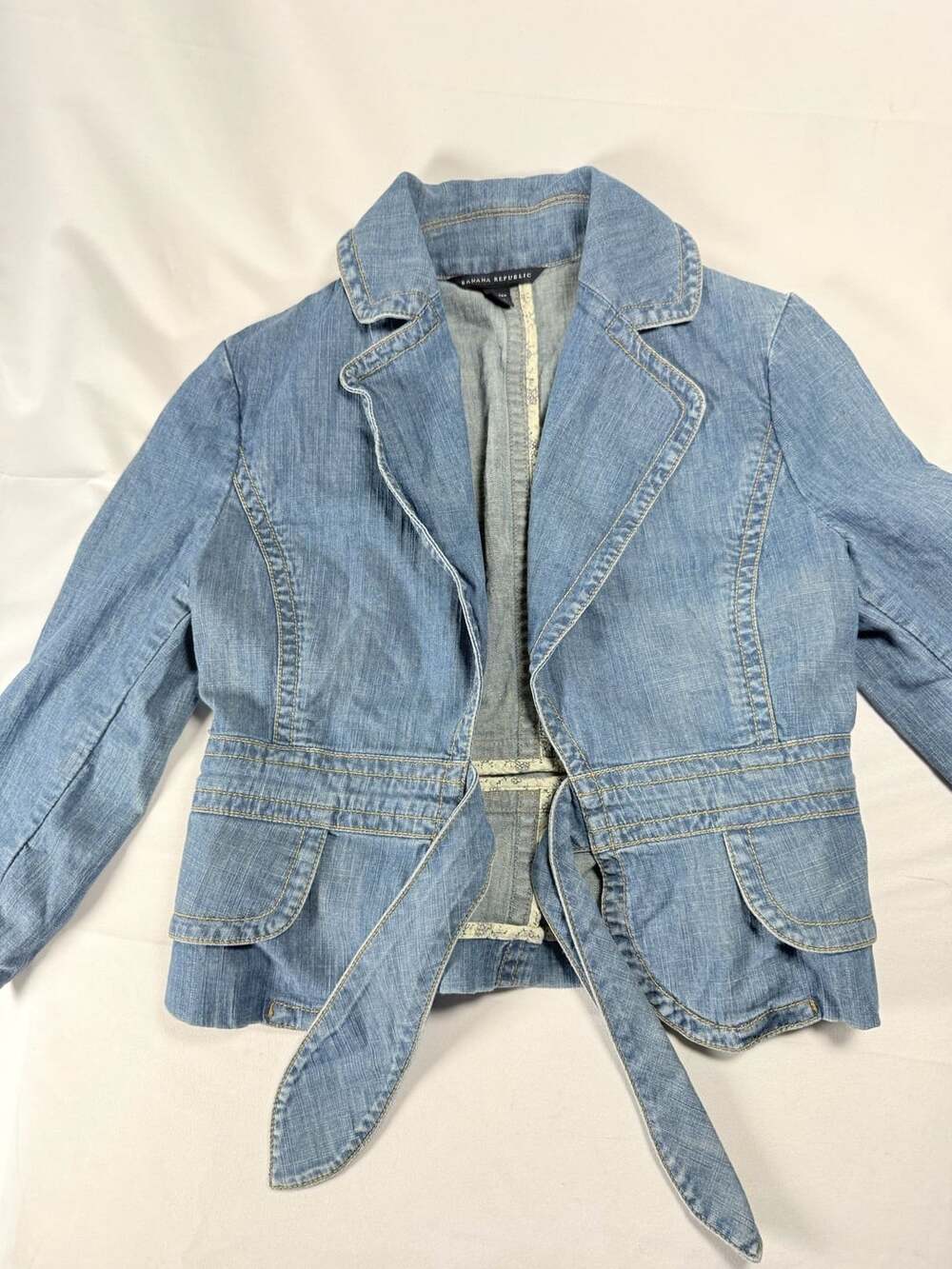 Old Money Workwear Banana Republic Vintage Blue Denim Blazer Jacket with Tie Wai